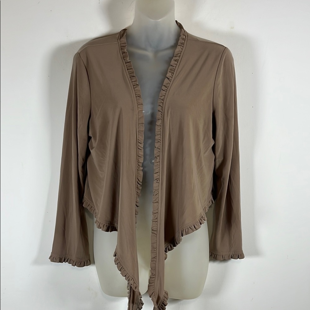 Lemmie for Nina Leonard Ruffle Front Open Cardigan Taupe Brown Long Sleeve Knit